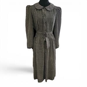 Vintage Ebie for Brassie Houndstooth Print Belted Midi Dress Peter Pan Collar M